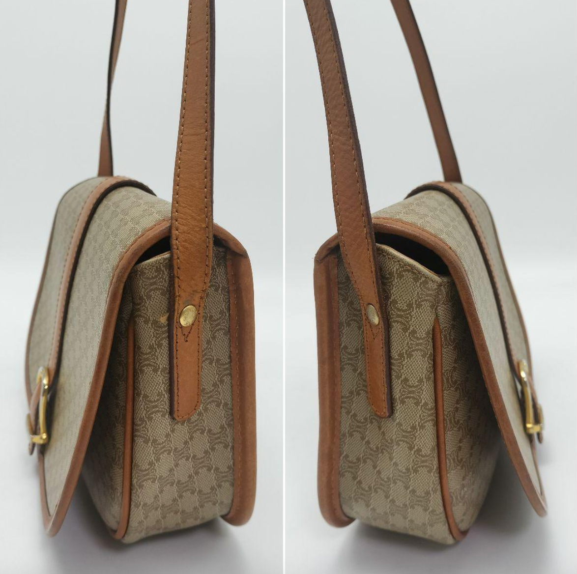 Sac bandoulière Céline Macadam en PVC et cuir beige / marron