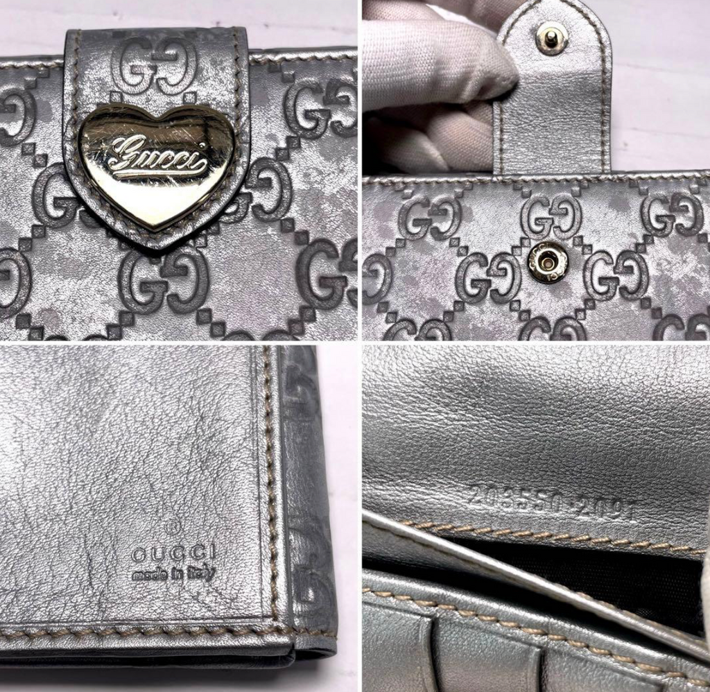 Gucci Portefeuille Long Guccissima Heart Argent – Cuir – Bon État